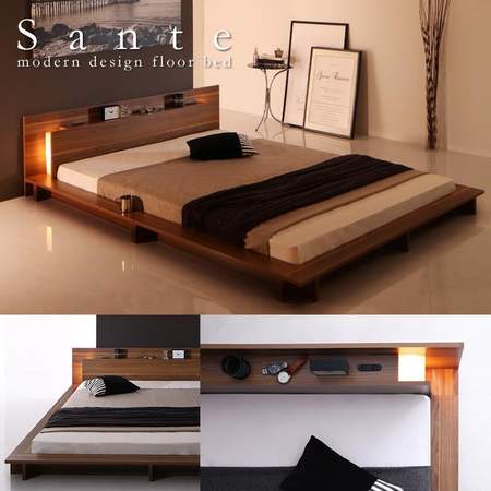 モダンなデザインのフロアベッド。宮付き、照明、コンセント付き