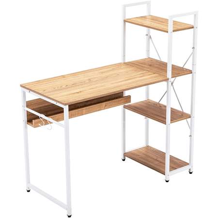 本棚と一体型で収納力に優れた、省スペースなラック付きパソコンデスク